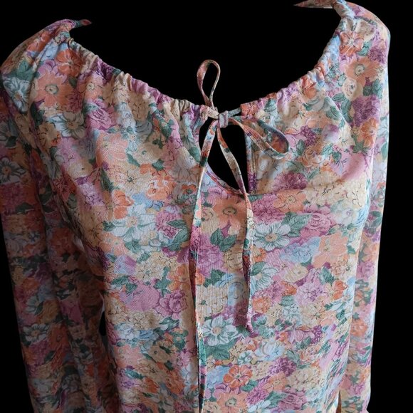 Vintage Women's Peasant Top Medium 1970's True Boho Sheer Floral Blouse Keyhole - Picture 2 of 8